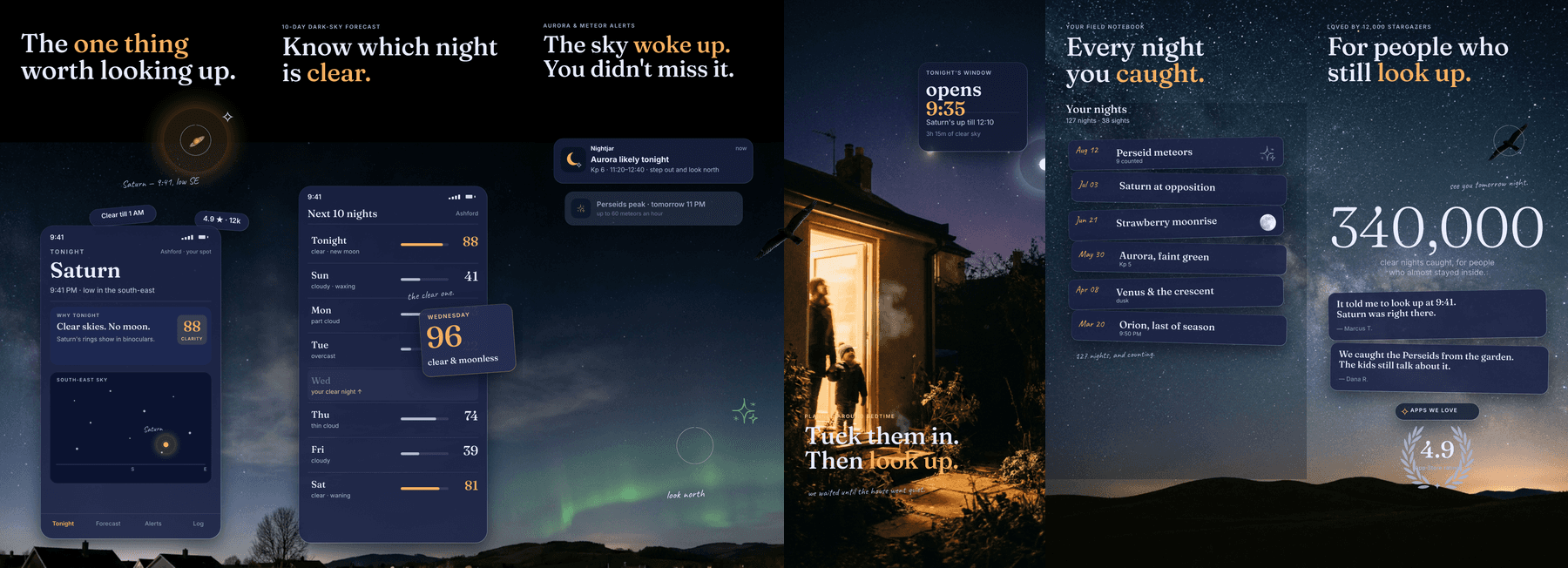 NIGHTJAR · dark-sky alerts, App Store screenshot set